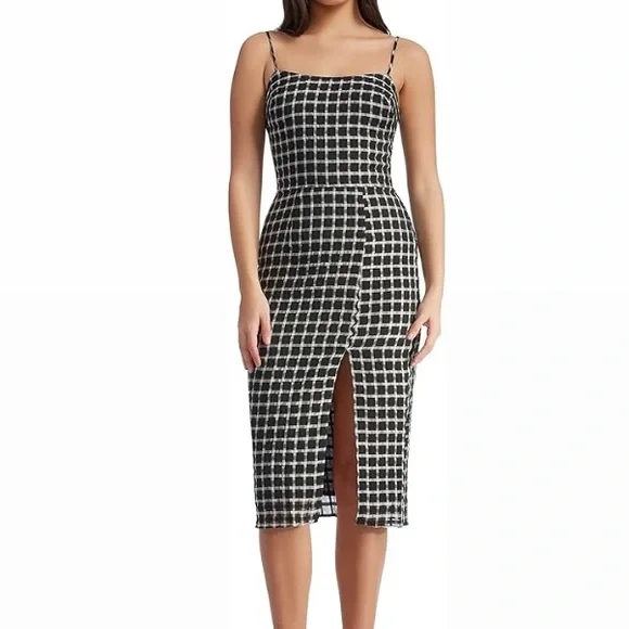 knee length dresses for ladies Black Plaid Malika Midi Dress